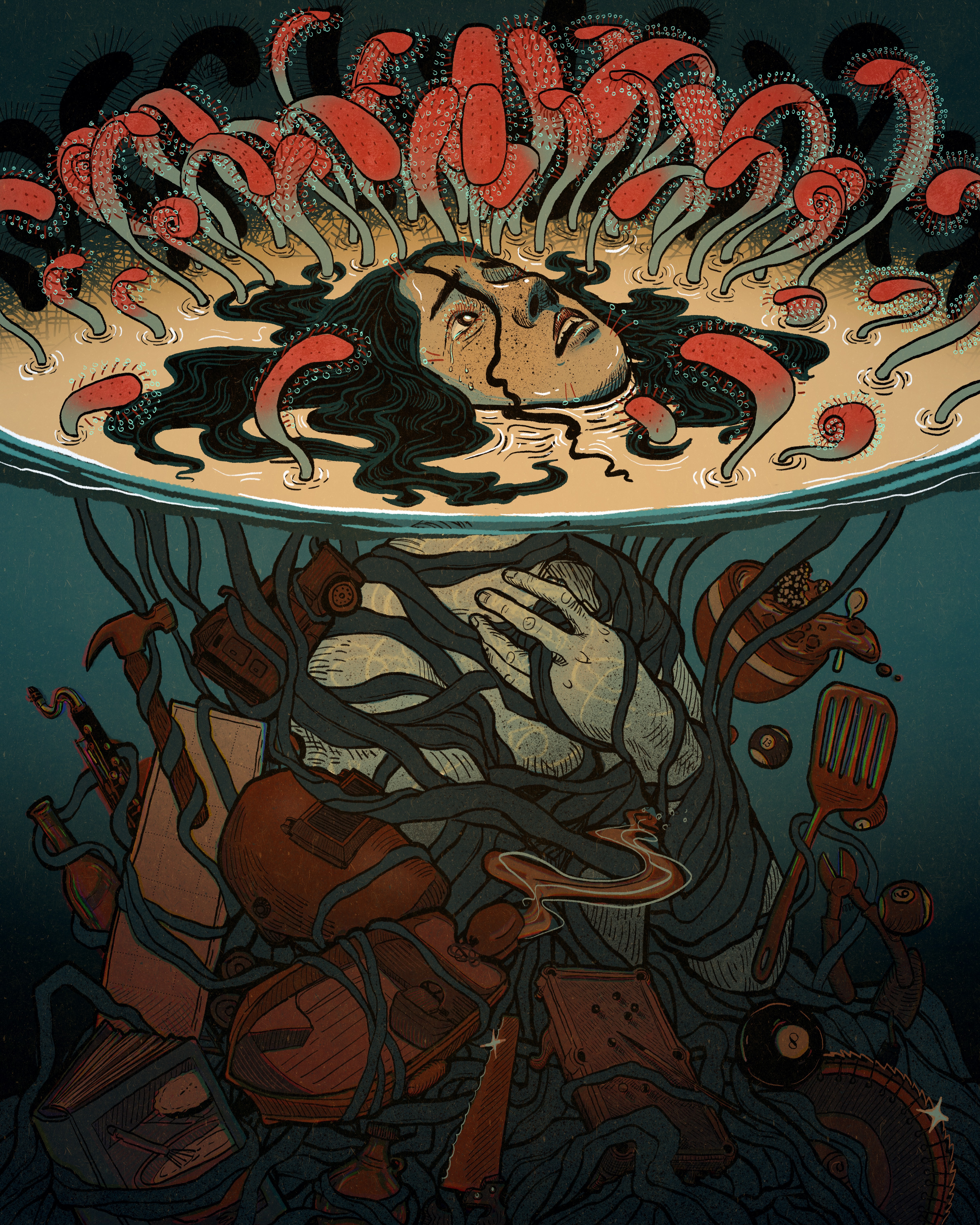 Promotional cover art by Becca Snow. A woman struggles to keep her head above water as she in ensnared by various objects, including a boat, a hammer, a helmet, etc. Sundew stalks surround her head.