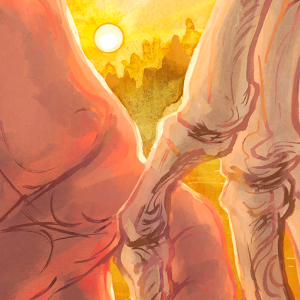 Cover for Hexagon Magazine issue 13. Illustration of a human hand holding a skeleton's hand as the sun sets in the backgound.
