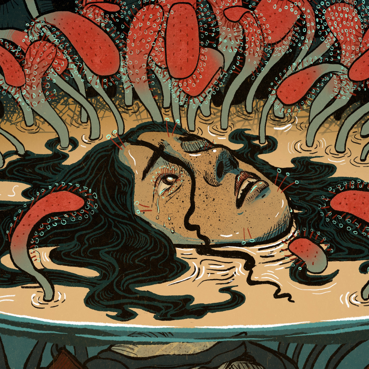 Promotional cover art by Becca Snow. A woman struggles to keep her head above water as she in ensnared by various objects, including a boat, a hammer, a helmet, etc. Sundew stalks surround her head.