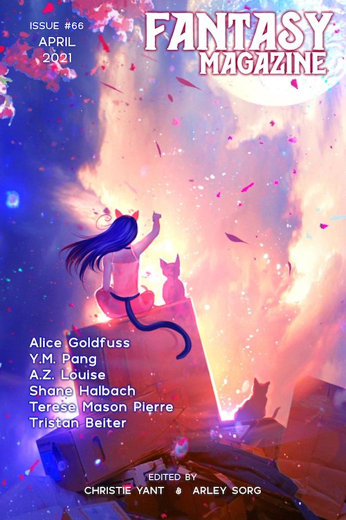 Cover for Fantasy Magazine issue 66. Illustration of a person with cat ears pointing at a swirling galaxy to a cat next to them.