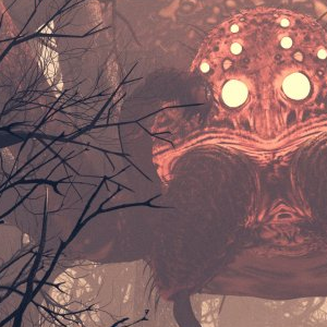 Cover for Nightmare Magazine issue 113. Illustration of a woman in a white dress standing before a giant spider.